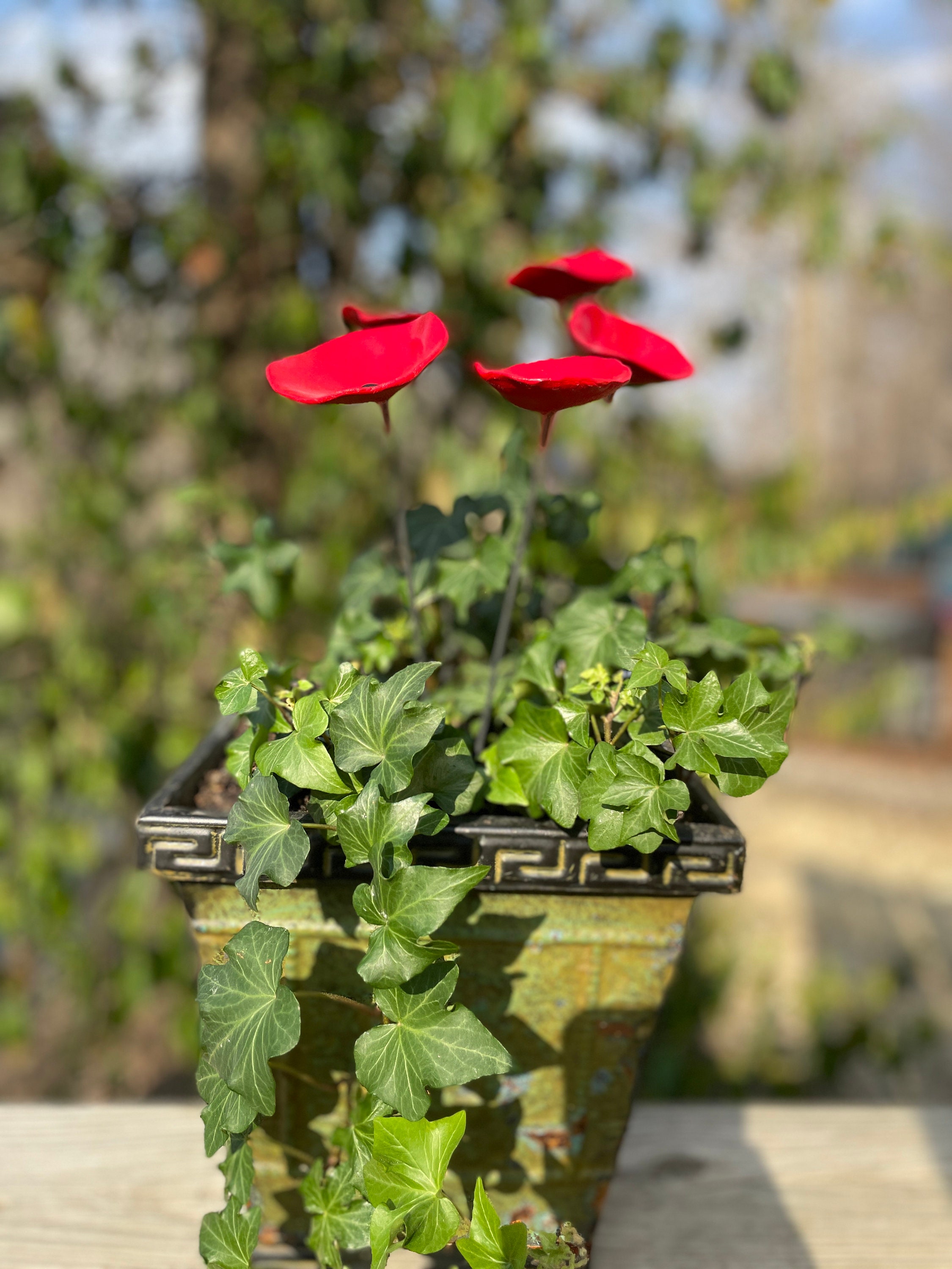 5 Mini Red Poppy Flower Plant Stakes,Red Poppy Flower Pot Cluster
