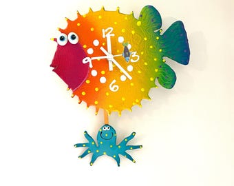 BlowFish Pendulum with Octopus Wall Clock,Unique Clock,Handmade clock,Sealife Wall Clock,Beach House Decor,Ocean Octopus Decor