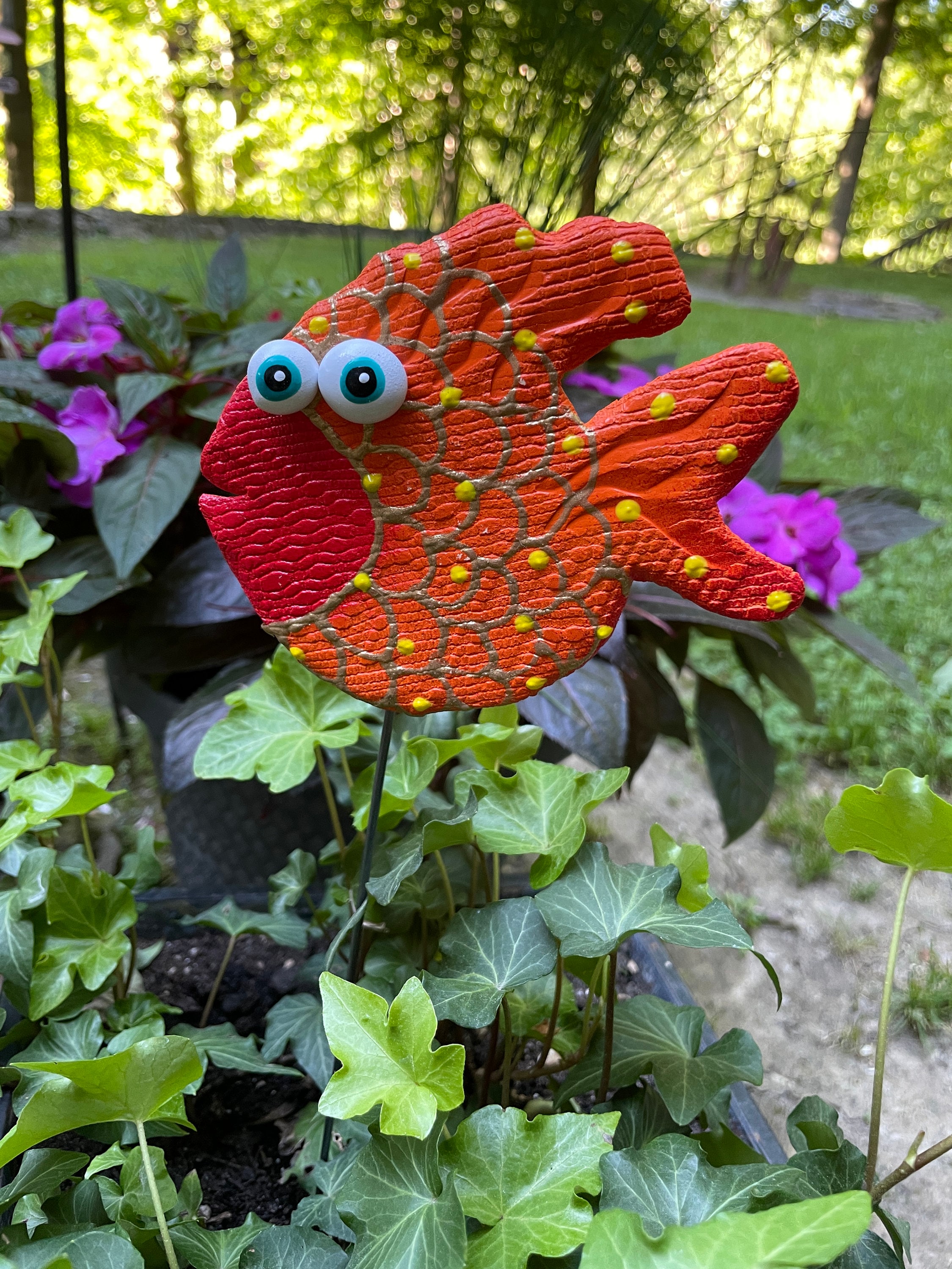 Ceramic Orange Funky Fish Garden Stake,Potted plants, Great Gift,Lawn