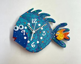 Blue BlowFish  Wall  Clock ,Nursery Wall Clock,Ocean, Under the sea,Aquarium ,Clay Fish  Wall Clock ,Beach Clock,Unique Clock,Handmade clock