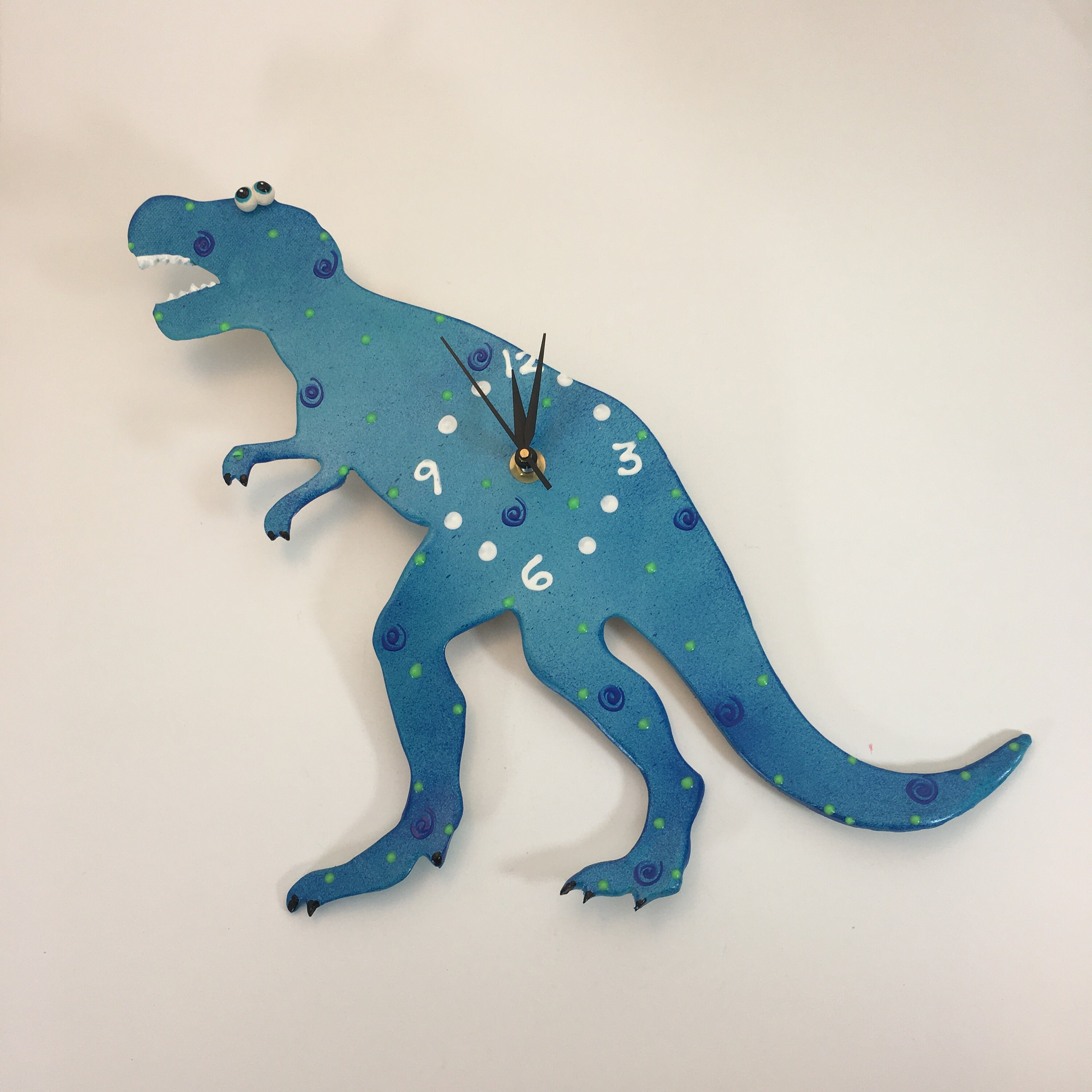 Whimsical Dinosaur Clock, Colorful Handmade Clay Dinosaur