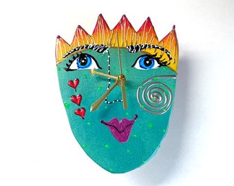 Unique Face Wall Clock Wall Art Wall Sculpture Wall Decor Hand Painted Wall Clock Whimsical Clock Gift For Her Holiday Gift