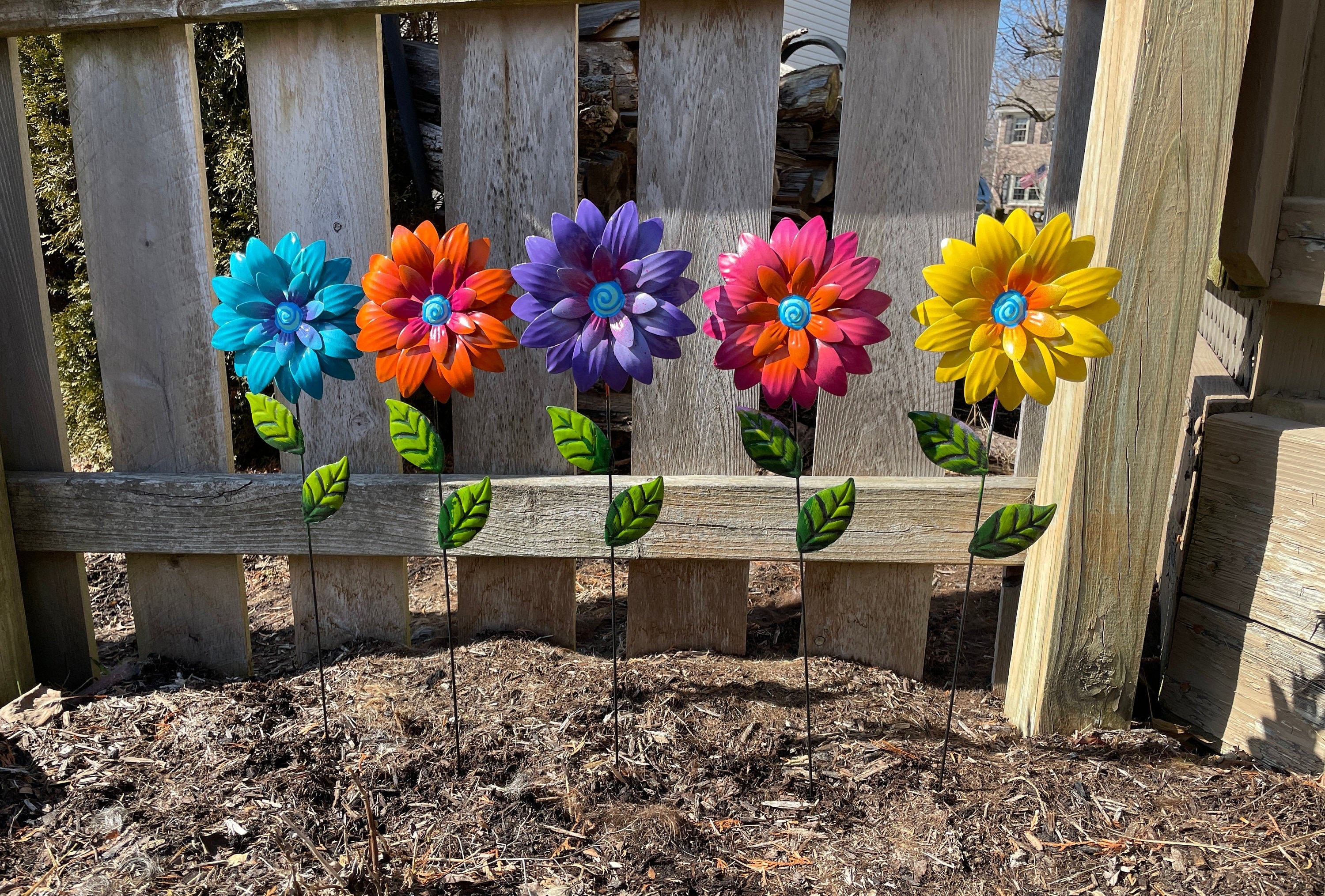 Metal Flower Garden Stakes,Set of Five Daisy Garden Stakes, Yard