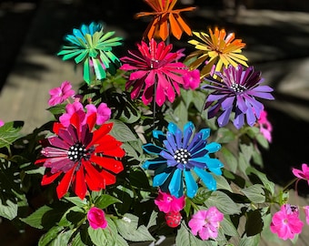 Flower Garden Stakes,Set of Seven,Zinnia  Metal Garden Stakes Spring Yard decoration, Metal Flower, Metal Art,Mother&#39;s Day Gift For Her