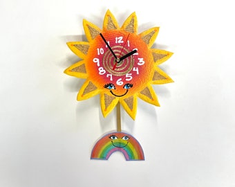 Happy Sun Clock, Wall Clock with Pendulum,Whimsical Sunshine Clock,Sun Clock,Kid's Room Decor,Pendulum  Clock,Sunface and Rainbow Wall Clock