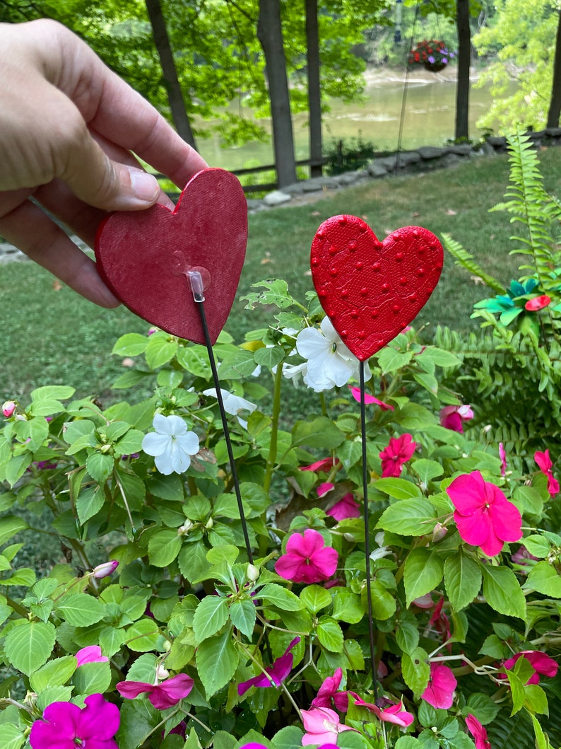 Set of Two 3 inch Red Heart Garden Stakes,Lover's Gift,Heart Plant Art Potted plants,Garden Sculpture,Valentines Day Gift For Her image 3