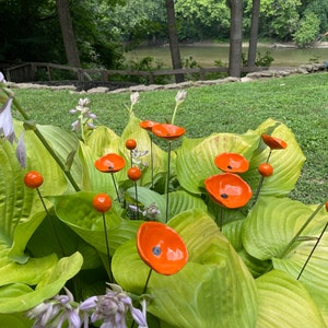 Unique Orange Whimsical Garden Sculpture 14pcs/ Ceramic Floral Art Garden Decor Garden Stake Poppy Spray Garden Stakes Kinetic Sculpture image 2