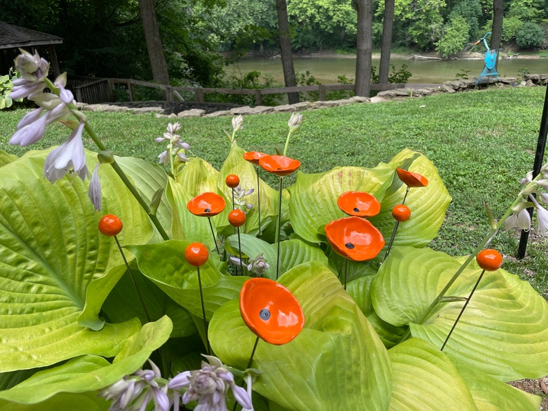 Unique Orange Whimsical Garden Sculpture 14pcs/ Ceramic Floral Art Garden Decor Garden Stake Poppy Spray Garden Stakes Kinetic Sculpture image 2