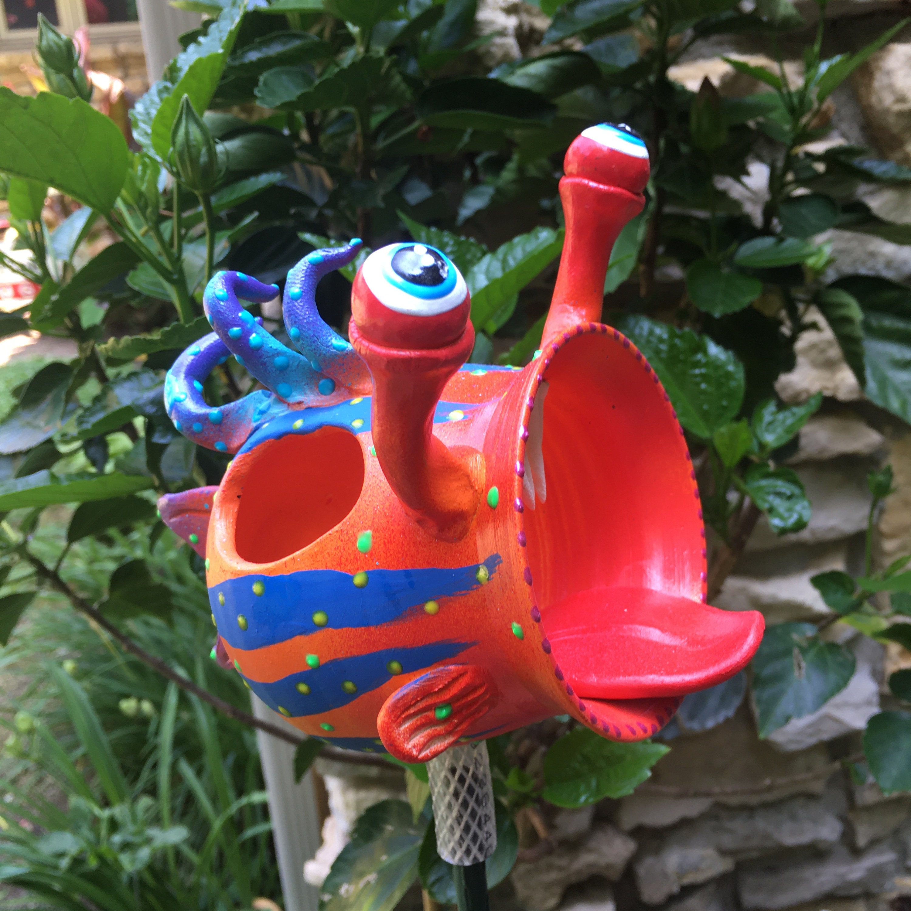 Bird Feeder, Ceramic Funky Blowfish Bird House Garden Stakes,Yard Art
