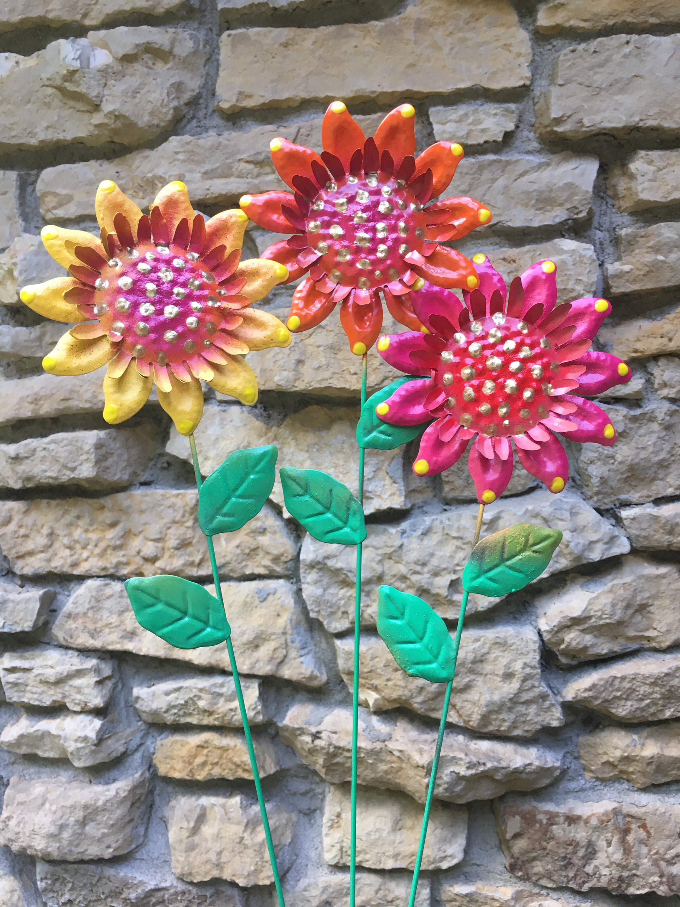 Set of 3 Flower Garden StakesSunflower Metal Garden Stakes Etsy