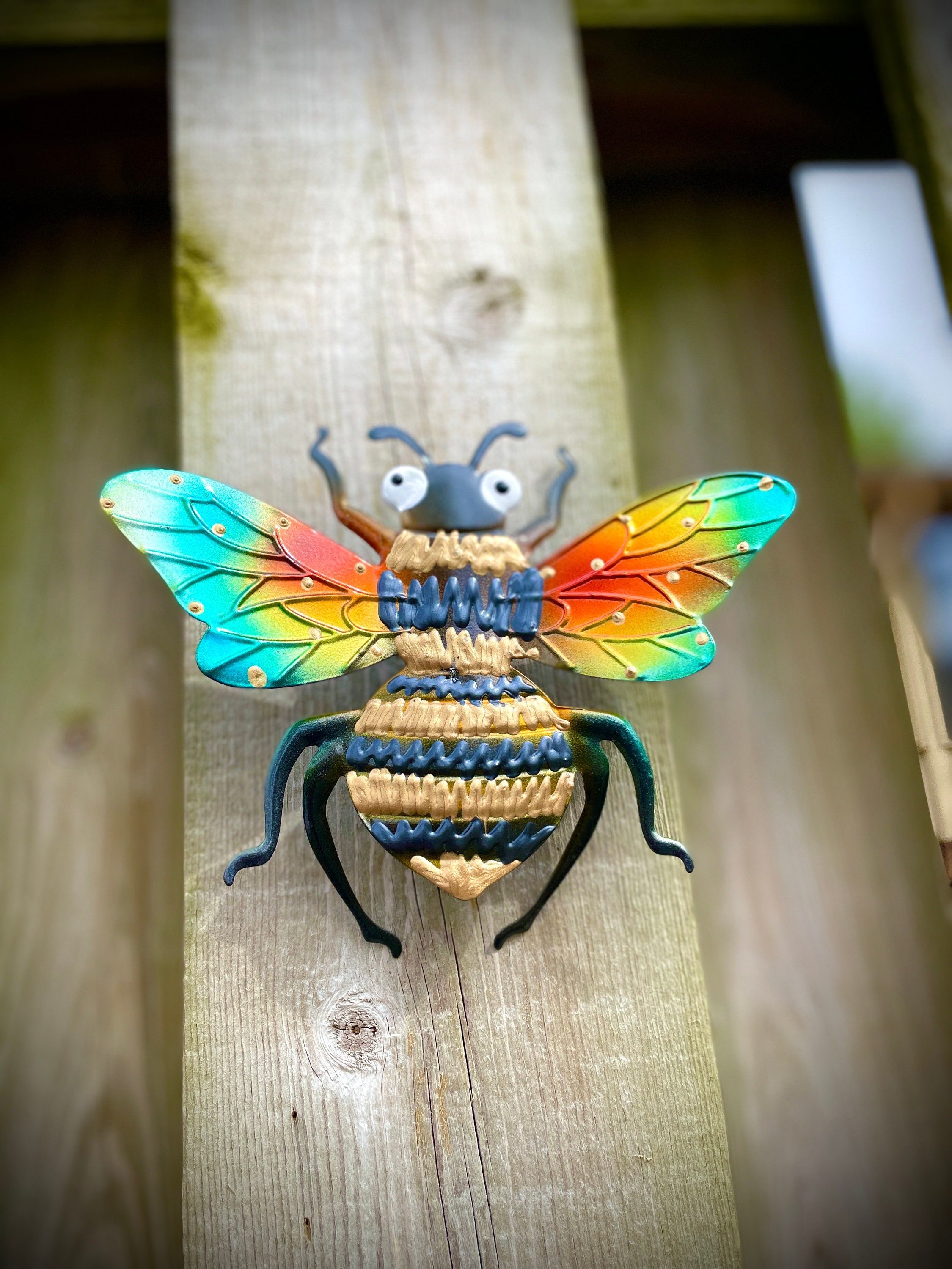 Honey Bee Wall Decor-Fence Wall Decor-Bumble Bee Yard art-Yellow  Jackets-Patio Decor -Gift For Her -Honey Bee Decor Pool Decor Rainbow Wings