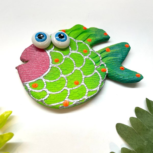 Green Whimsical wall hanging BlowFish, underwater fish room decor,Beach theme,  fun wall art, colorful, whimsical, handmade fish art