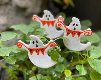 Set Of Three Ghost with Orange Banner Boo Sign Garden Stake Yard Decor Halloween  Ghost Decor Potted Plant Decor Fall Home Accents