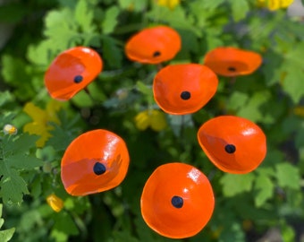 Set of 7 Mini Poppy Flower stakes,Orange Poppy Flower Pot Cluster,Garden Stakes,Potted plants,Mother's Day Gift,Outdoor Garden Decor