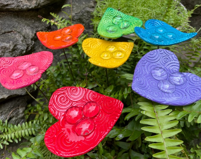 Featured listing image: Heart Bee Watering Station – Ceramic Heart Butterfly Bath Garden Stake – Pollinator Safe Water Feeder