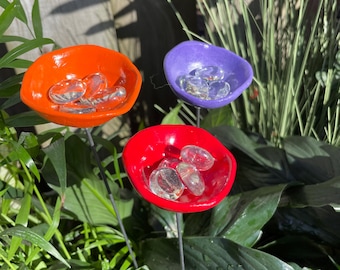 Set Of Three Bee Watering Station,Butterfly Puddler,Garden Art,Gift For Her,Poppy Flower,Garden Sculpture,Insect Drinking Cups