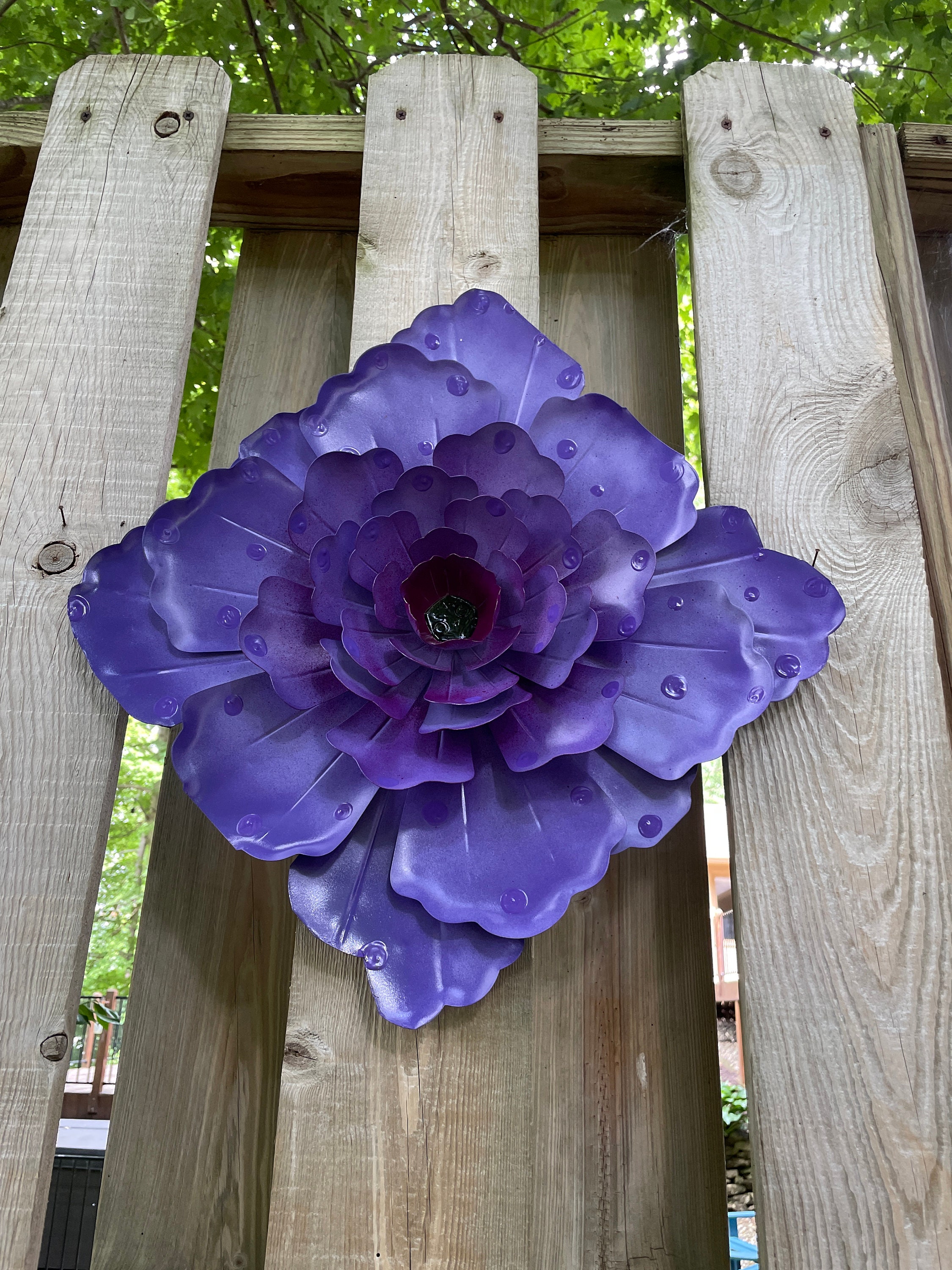 Large Metal Flower 15 Inch Purple Fence Flower Fence Decoration Patio Decor Yard Art Flowers Perfect Wall Or Privacy Fence Accent Pool Decor