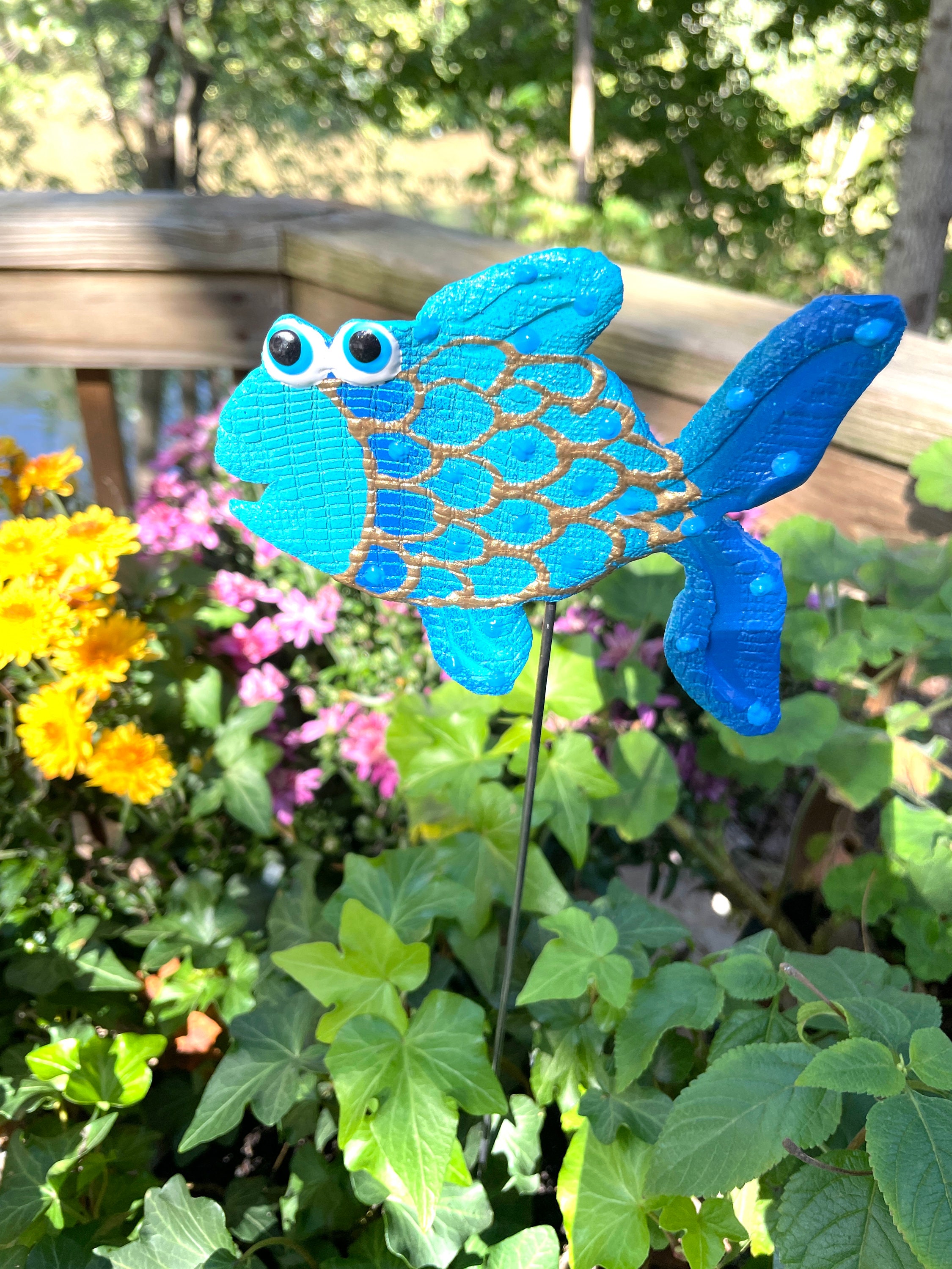 Ceramic Blue Fish Garden Stake ,Potted plants, Great Gift,Lawn decor,Outdoor  garden Sculpture,Garden Decor,Beach Decor,Yard Art