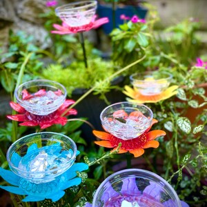 May include: Colorful plastic flowers with clear cups in the center, arranged in a garden setting. The flowers are in shades of pink, red, orange, blue, and purple.