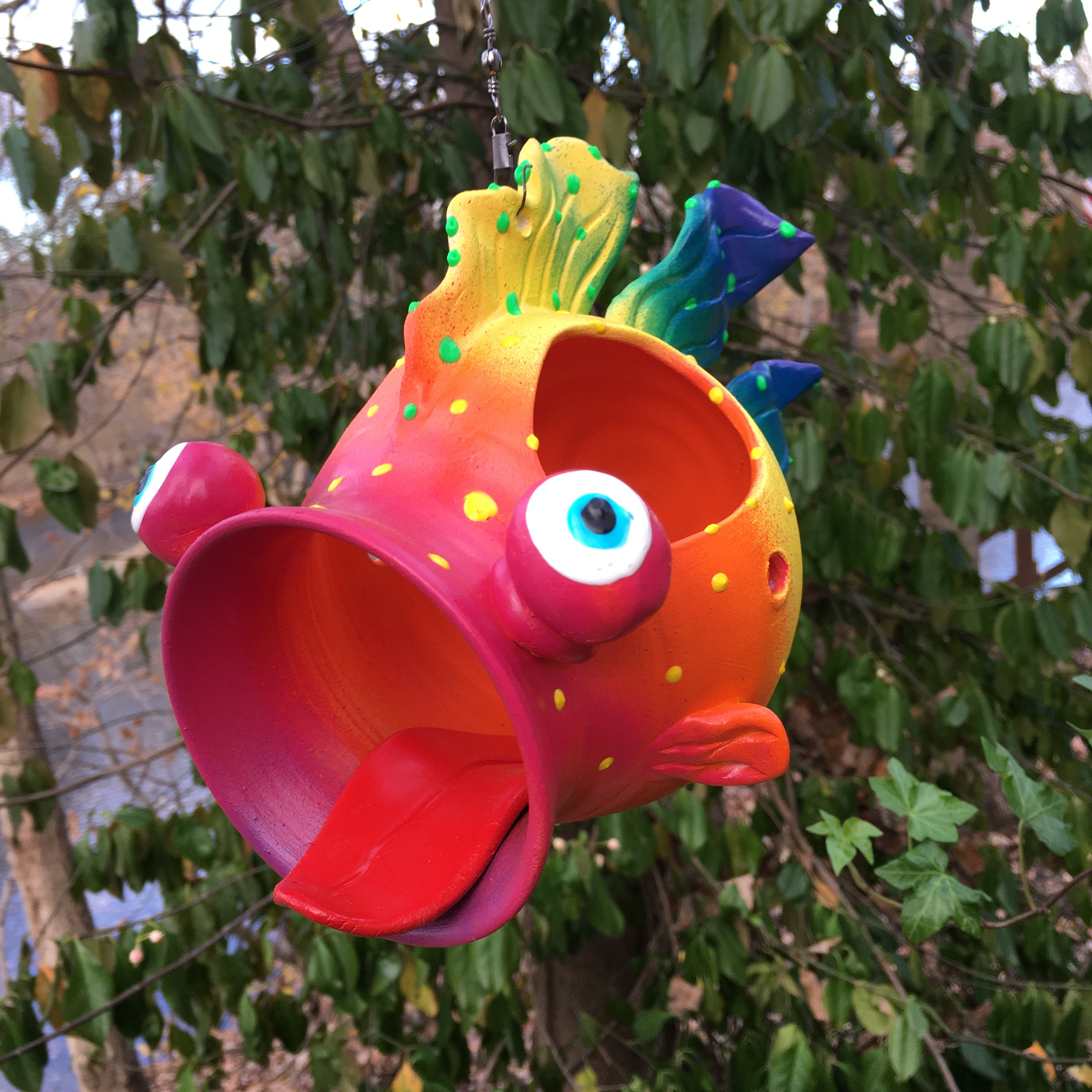 Bird Feeder, Ceramic Funky Blowfish Bird House Yard Art, Great Gift