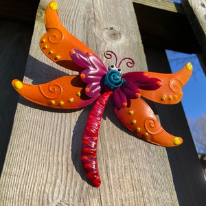 Orange Dragonfly Garden Wall Hanging Decor-Garden Fence Wall Decor-Dragonfly Yard art-Patio Decor Gift For Her-Metal Dragonfly Privacy Fence