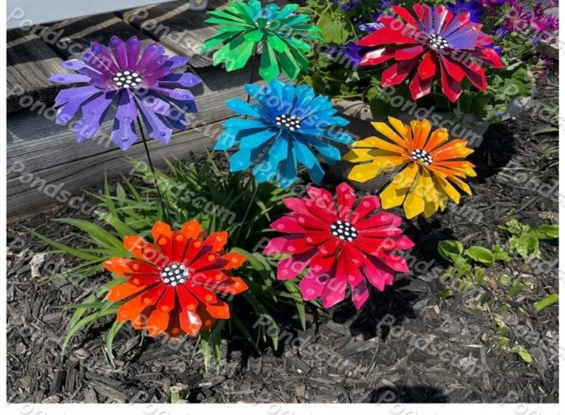 Flower Garden Stakes,Set of Seven,Zinnia Metal Garden Stakes, Yard decoration, Metal Flower, Metal Art, Garden Decor,Mother's Day Gift image 2