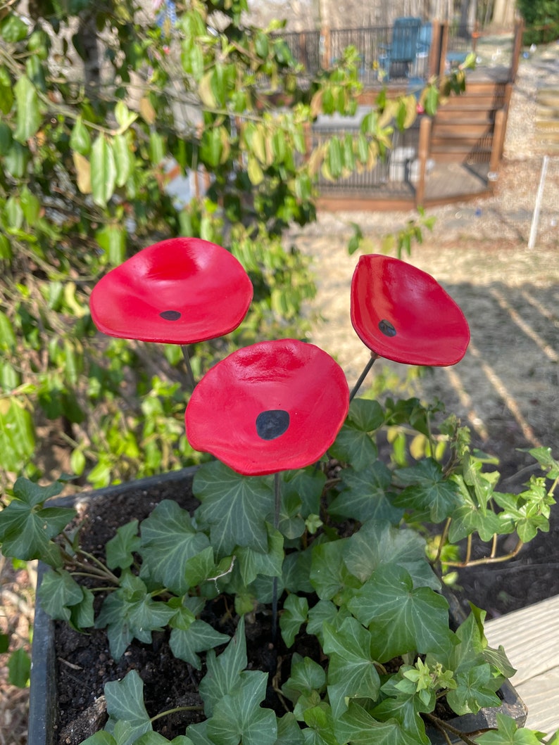 Set of 3 Mini Red Poppy Flower Stakesred Poppy Flower Pot Etsy