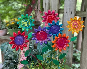 Flower Garden Stakes,Set of Seven,Sunflower Metal Garden Sculpture, Yard decoration, Metal Flower, Metal Art, Garden Decor,Mother's Day Gift