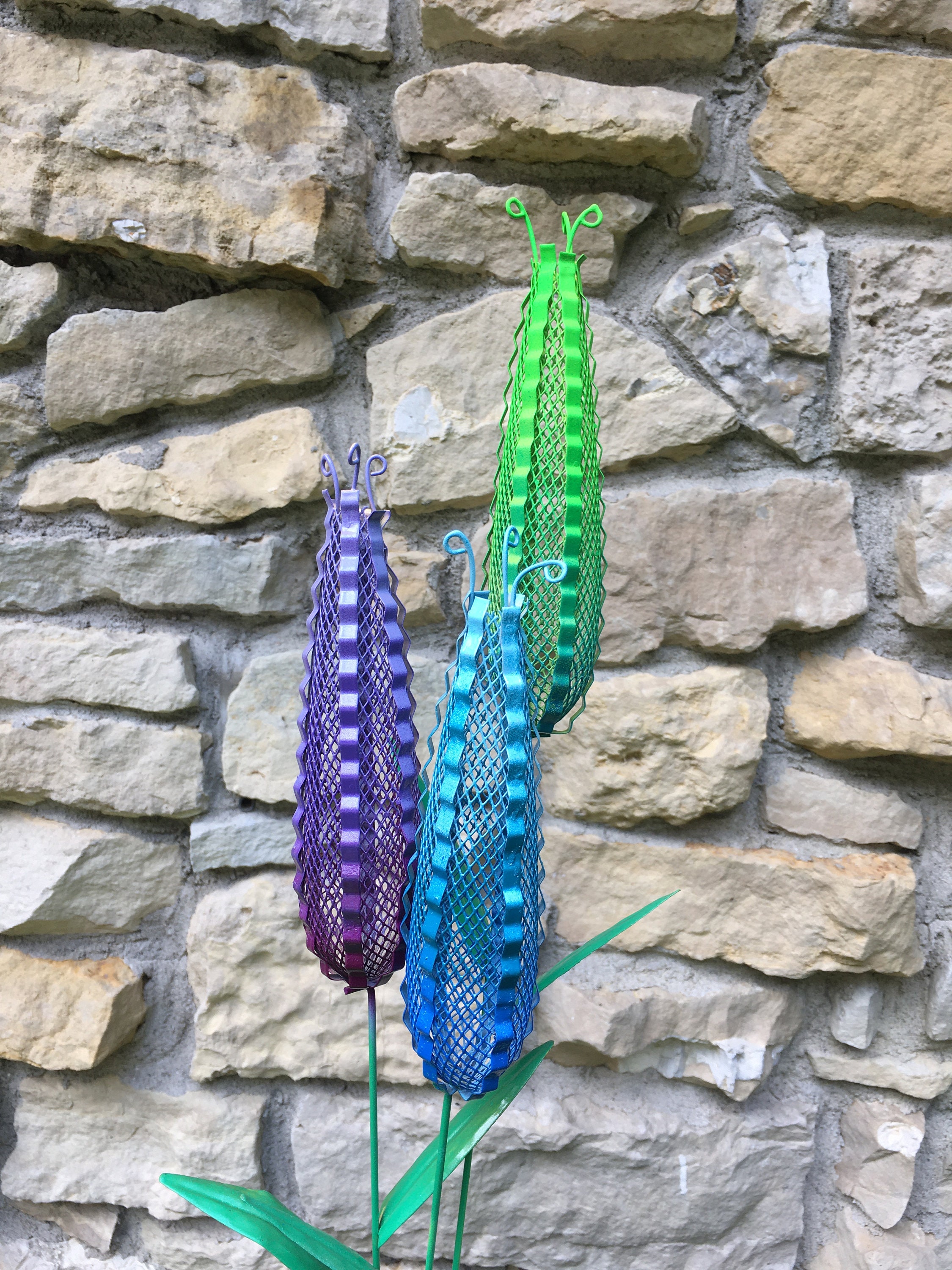 Metal Flower Garden Stakes Metal Sculpture Set of 3 Etsy