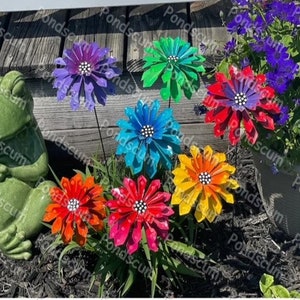 Flower Garden Stakes,Set of Seven,Zinnia Metal Garden Stakes, Yard decoration, Metal Flower, Metal Art, Garden Decor,Mother's Day Gift image 3