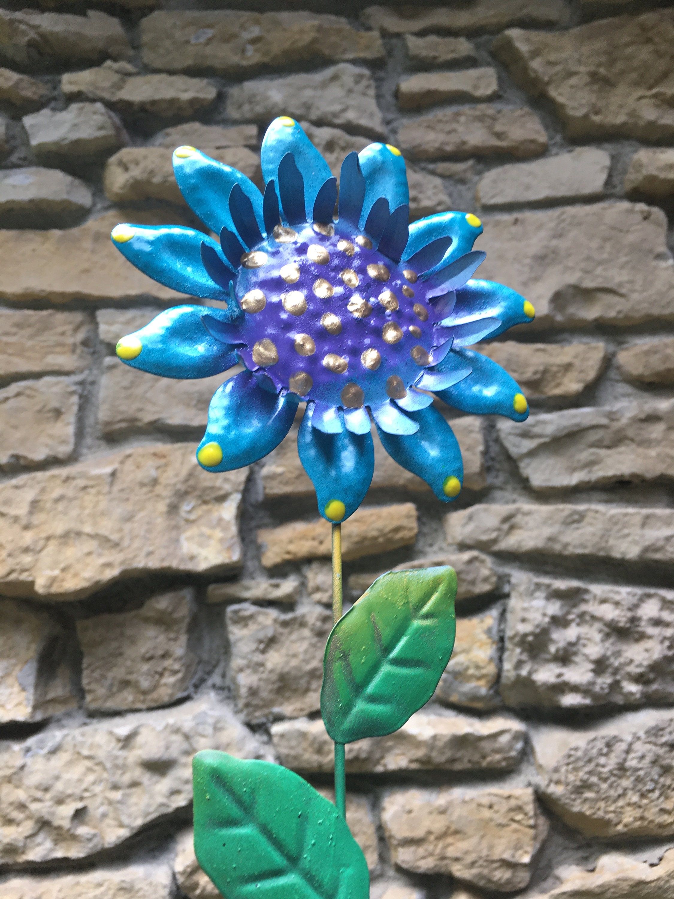 Metal Garden Art,Blue Sunflower Flower Garden Stake,Metal flower Garden