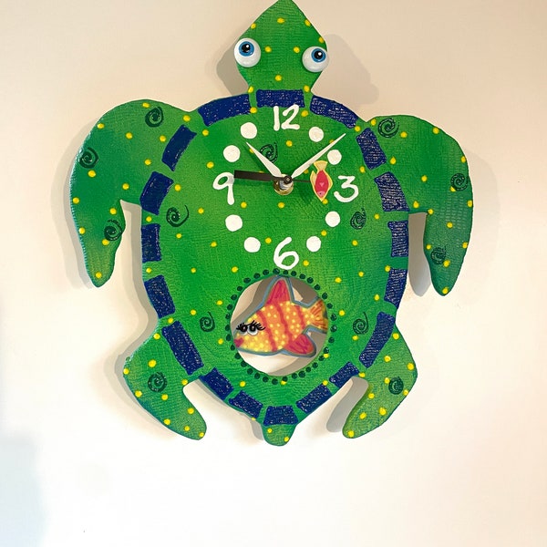 Turtle Pendulum Wall Clock,Turtle Clock Unique Clock,Handmade Clock, Coastal Decor Beach House clock Decorative Wall Clock Fish Clock,Gift