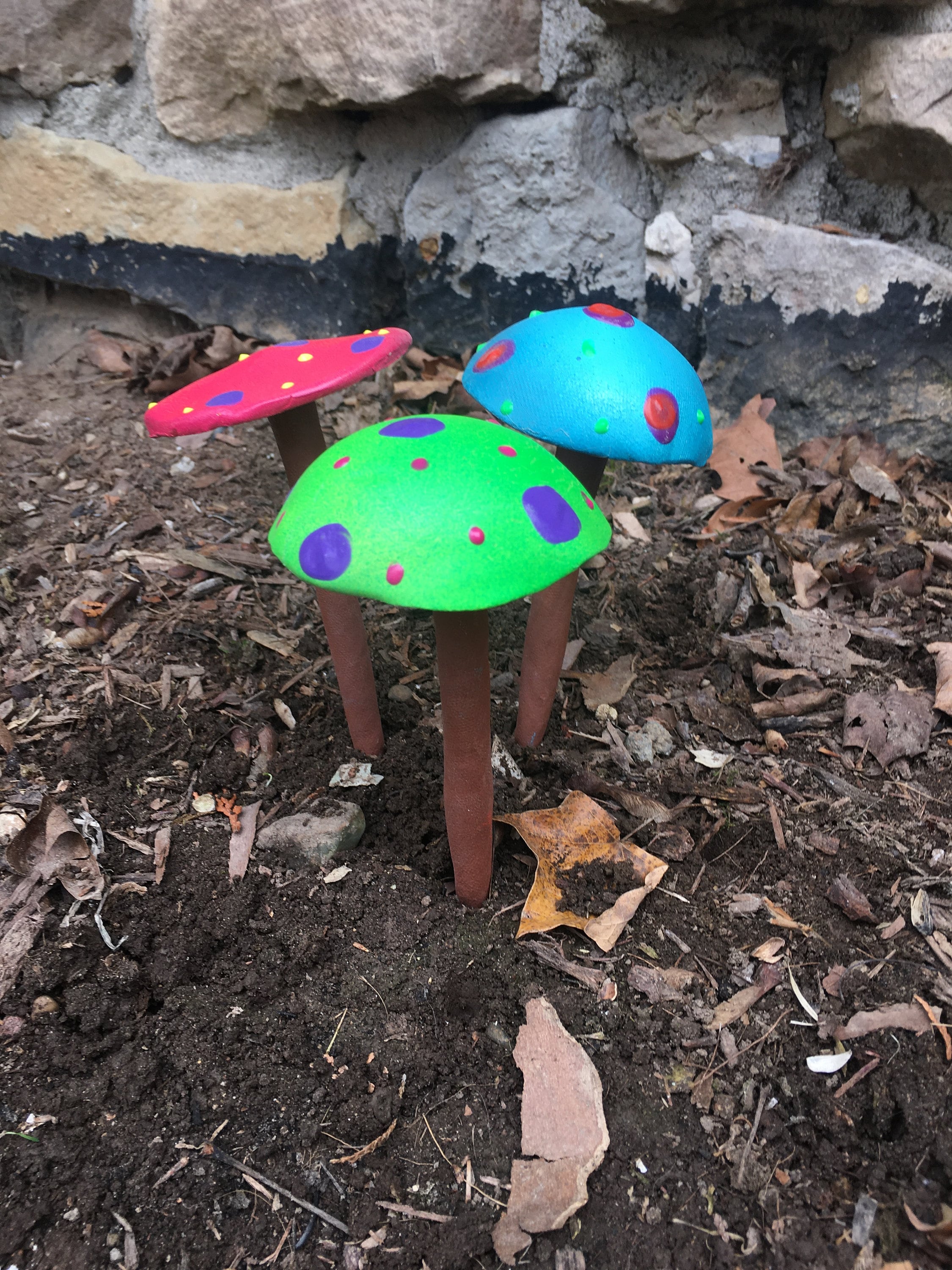 Mushroom Yard Art,Three hand crafted Ceramic Fairy Garden Mushrooms
