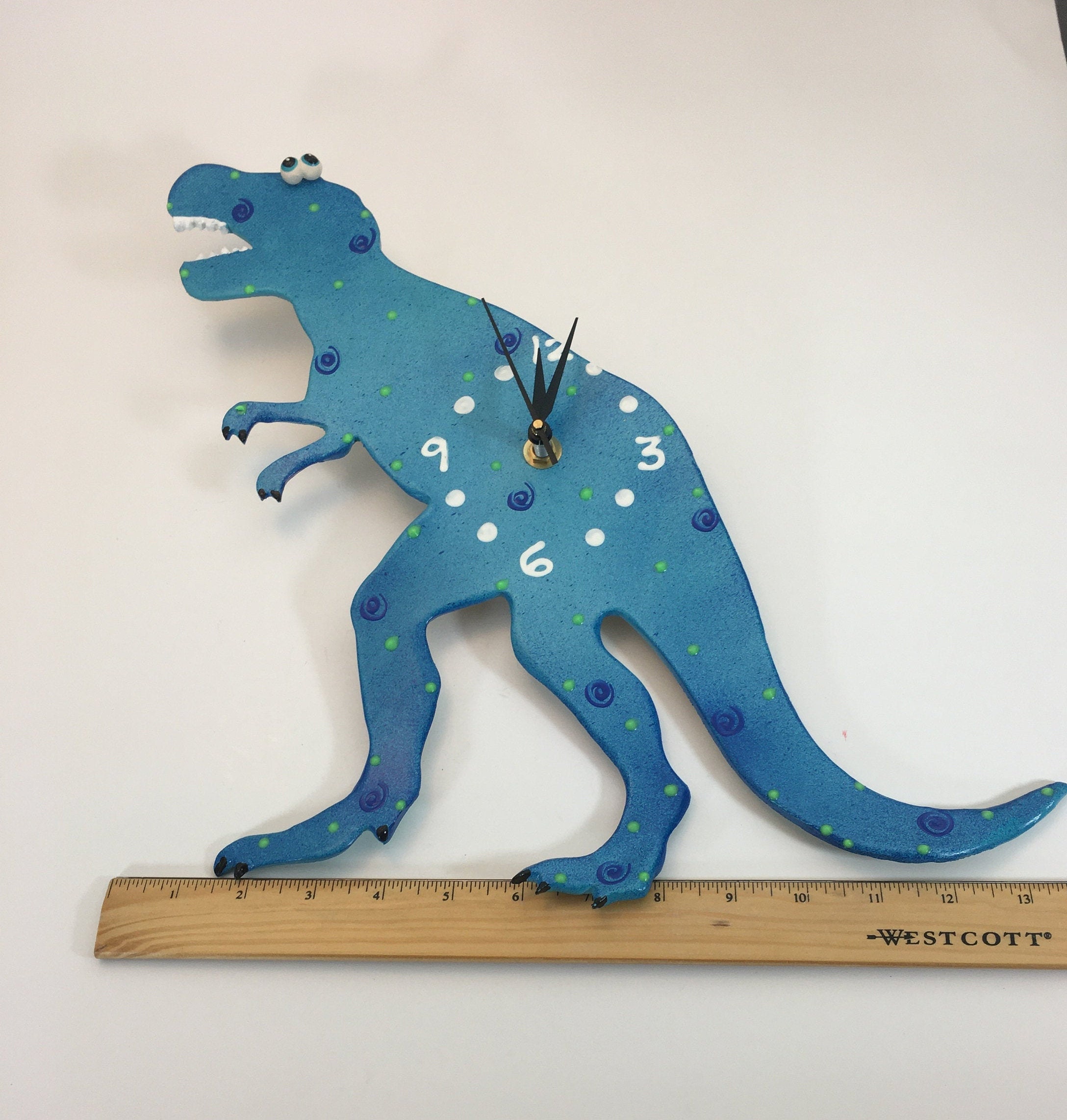Whimsical Dinosaur Clock, Colorful Handmade Clay Dinosaur