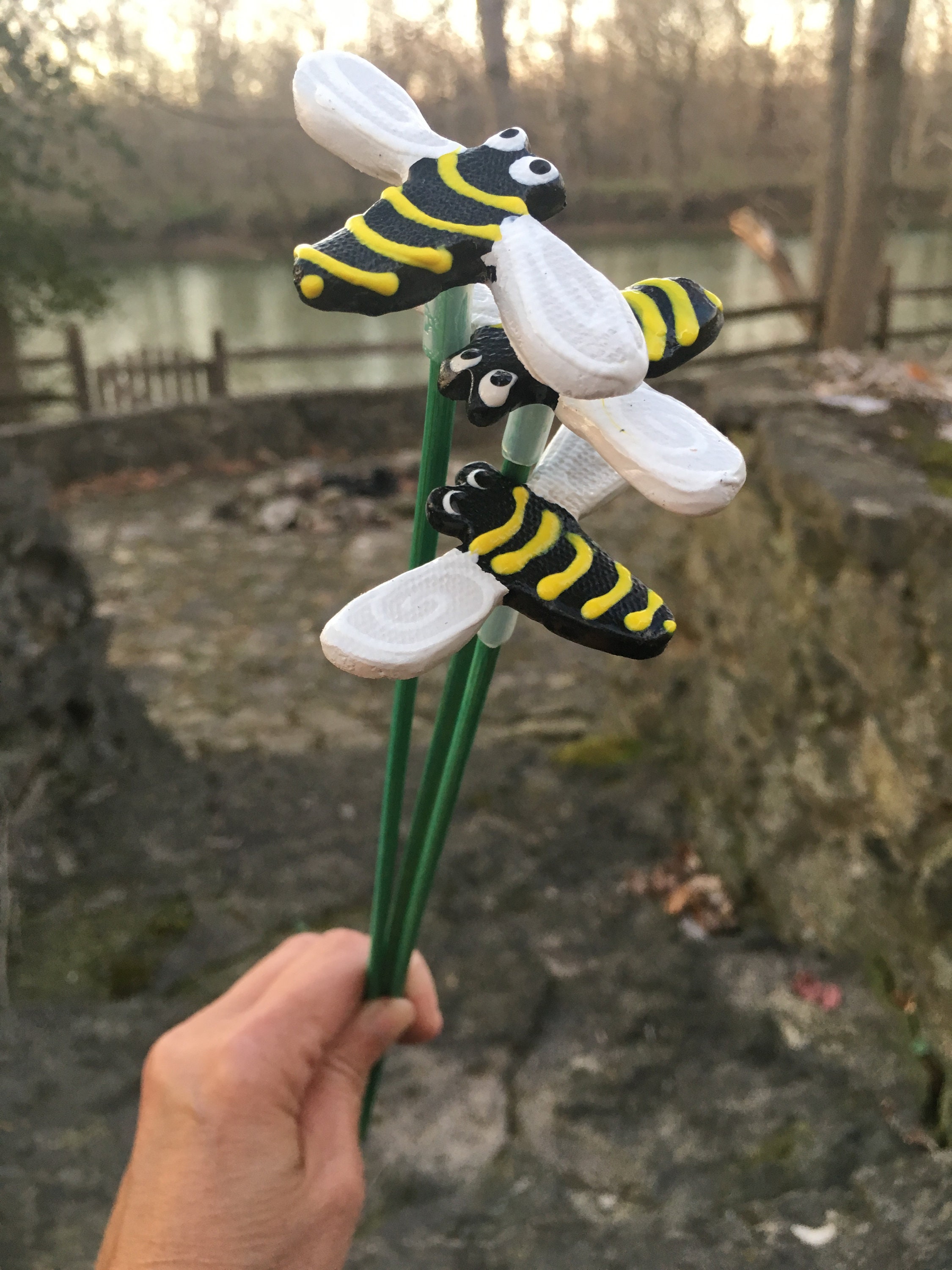 3 Ceramic Bumble Bee Garden Stakes,Honey Bee garden decor, Garden