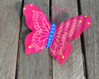 Pink Metal Butterfly, Fence Art, Hanging Butterflies-Fence Wall Decor-Yard art-Metal Outdoor Wall Art-Privacy Fence Accent,Pool Decor