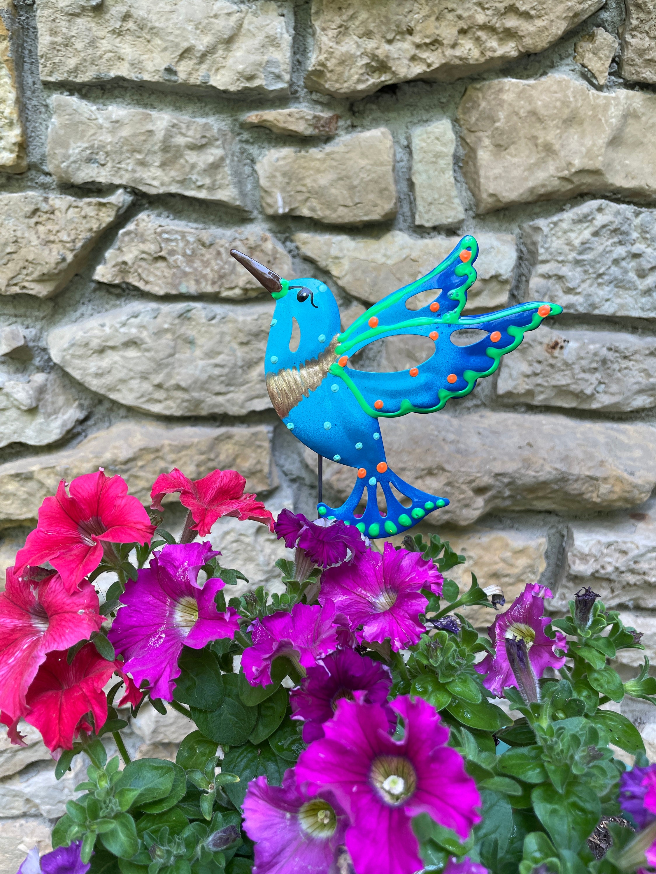 Blue Metal Hummingbird Garden Stake,Garden Decor, Garden Art,Garden