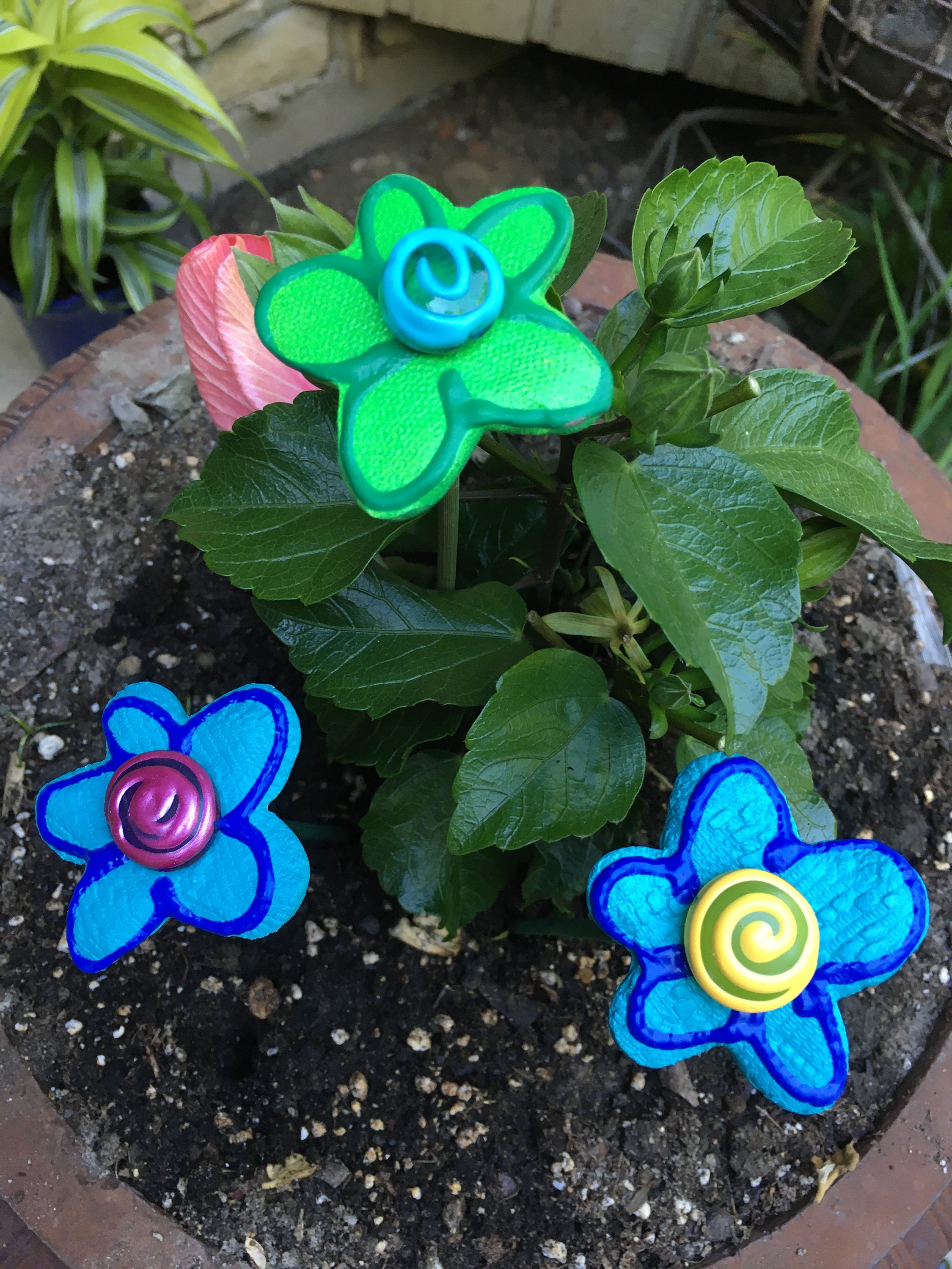 Set of 3 Ceramic Flower Garden Stakes, Garden Stakes,Potted plants