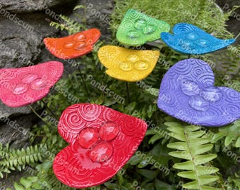 Heart Bee Watering Station – Ceramic Heart Butterfly Bath Garden Stake – Pollinator Safe Water Feeder