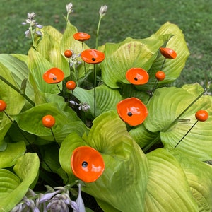 Unique Orange Whimsical Garden Sculpture 14pcs/ Ceramic Floral Art Garden Decor Garden Stake Poppy Spray Garden Stakes Kinetic Sculpture image 1