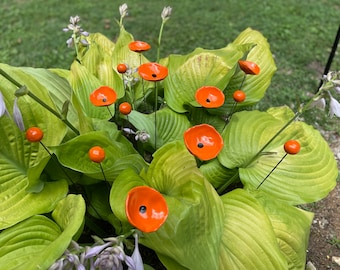 Unique Orange Whimsical Garden Sculpture 14pcs/ Ceramic Floral Art Garden Decor Garden Stake  Poppy Spray Garden Stakes Kinetic Sculpture