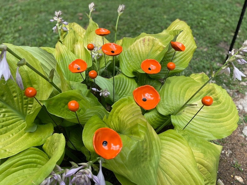 Unique Orange Whimsical Garden Sculpture 14pcs/ Ceramic Floral Art Garden Decor Garden Stake Poppy Spray Garden Stakes Kinetic Sculpture image 1