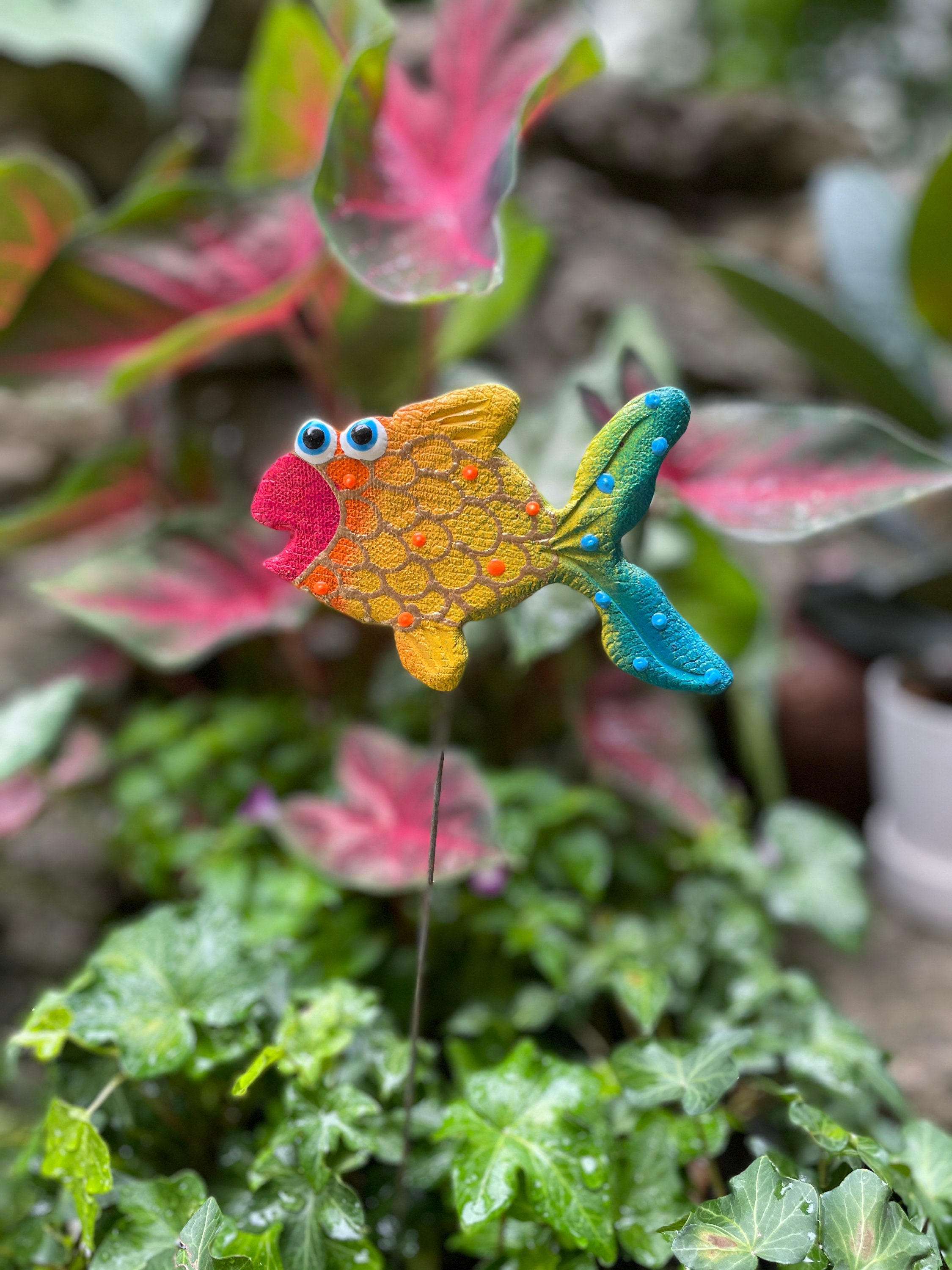 Ceramic Rainbow Fish Garden Stake ,Potted plants, Great Gift,Lawn