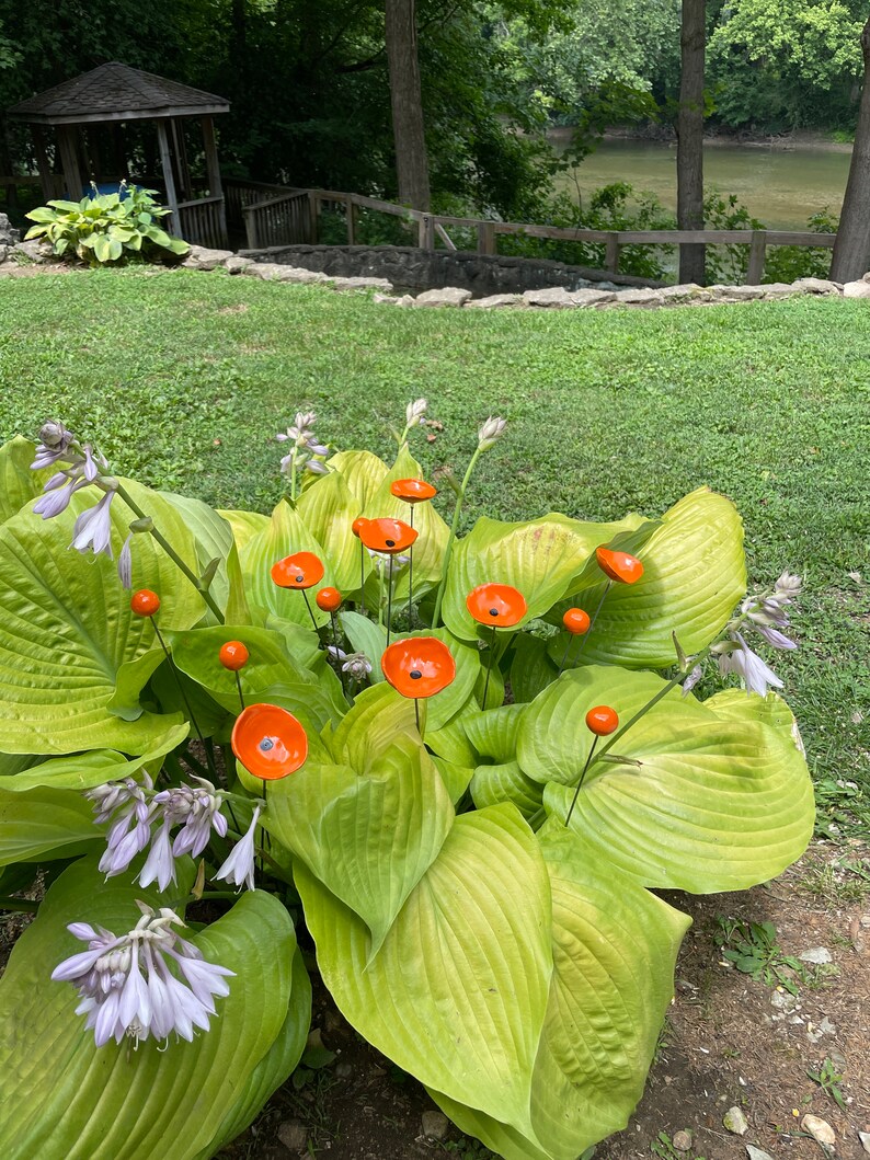 Unique Orange Whimsical Garden Sculpture 14pcs/ Ceramic Floral Art Garden Decor Garden Stake Poppy Spray Garden Stakes Kinetic Sculpture image 9