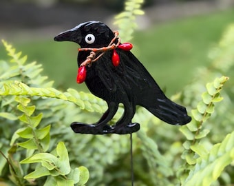 Raven Crow Clay Bird Yard Garden Art  Garden Stake Halloween Decor Harvest Decor Fall Decor Rustic Halloween  Potted Plant Decor