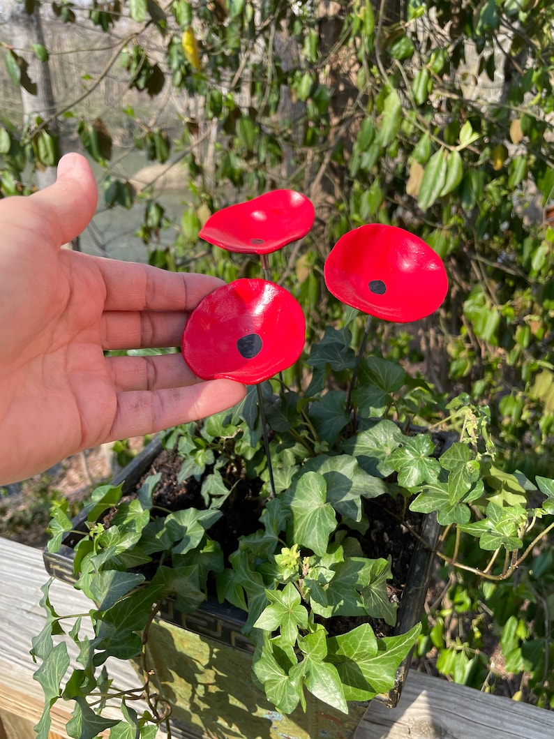Set of 3 Mini Red Poppy Flower Stakesred Poppy Flower Pot Etsy
