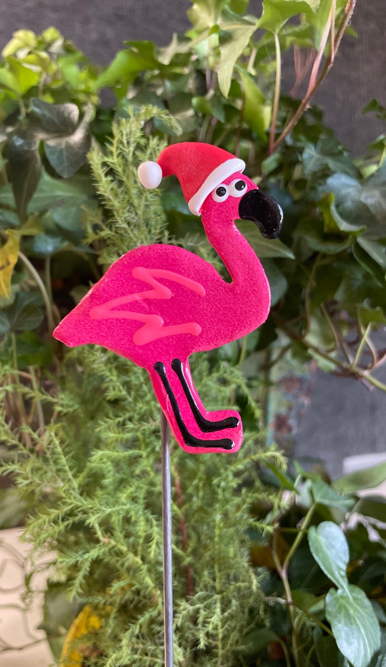 Pink Flamingo Garden Stake Plant Decor Flamingo With Santa Hat Etsy