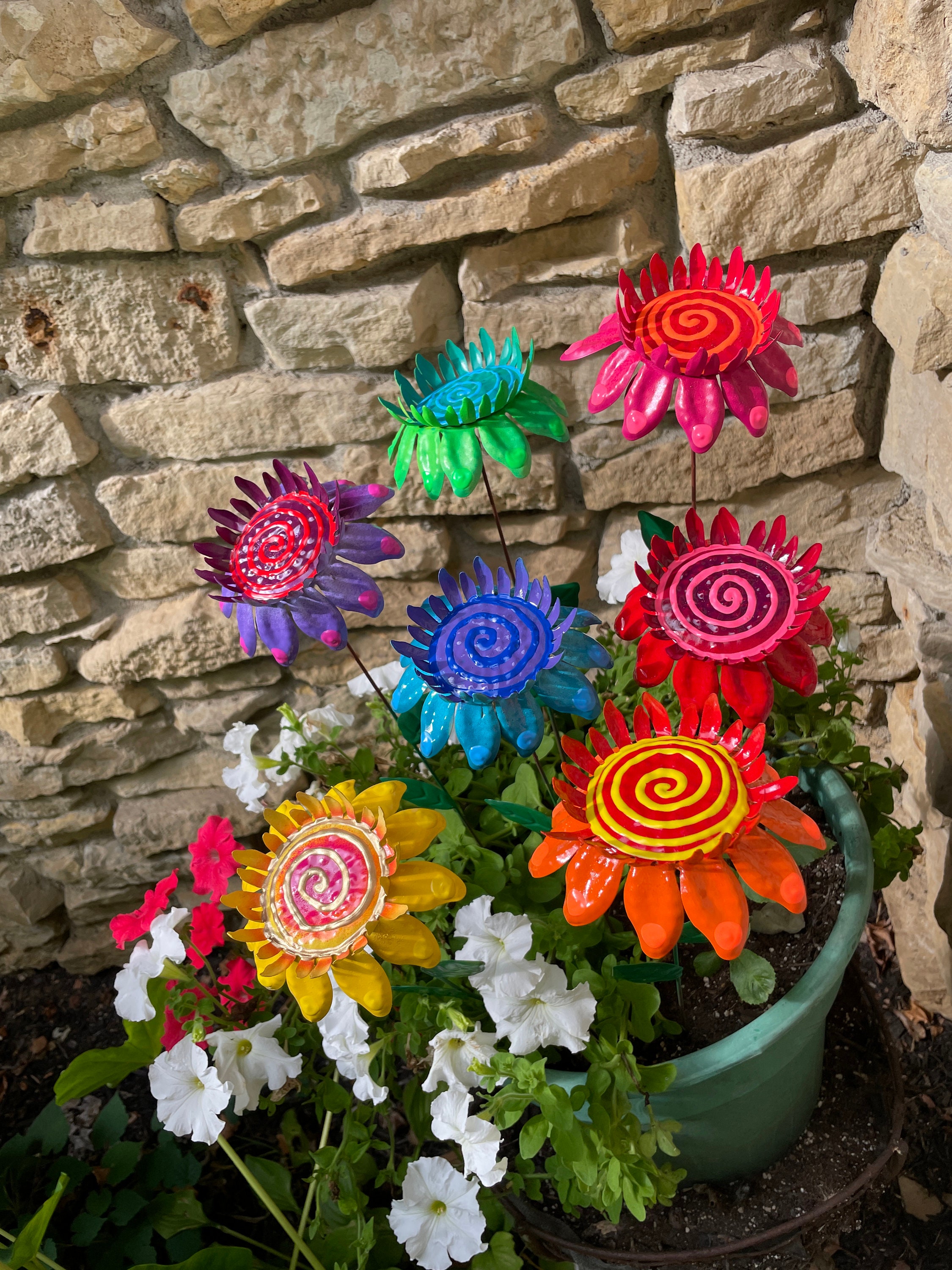 Colorful Bouquet Garden Stakes,Set of Seven, Metal Garden Stakes, Yard