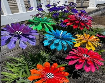 piquets de jardin fleuris, lot de sept, piquets de jardin en métal zinnia, décoration de jardin, fleur en métal, art en métal, décoration de jardin, cadeau de fête des mères