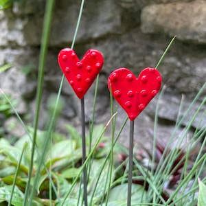 Set of Two Mini 1 inch Red Heart Garden Stakes,Lover's Gift,Heart Plant Art Potted plants, Garden Sculpture,Garden Decor Flower Pot stake